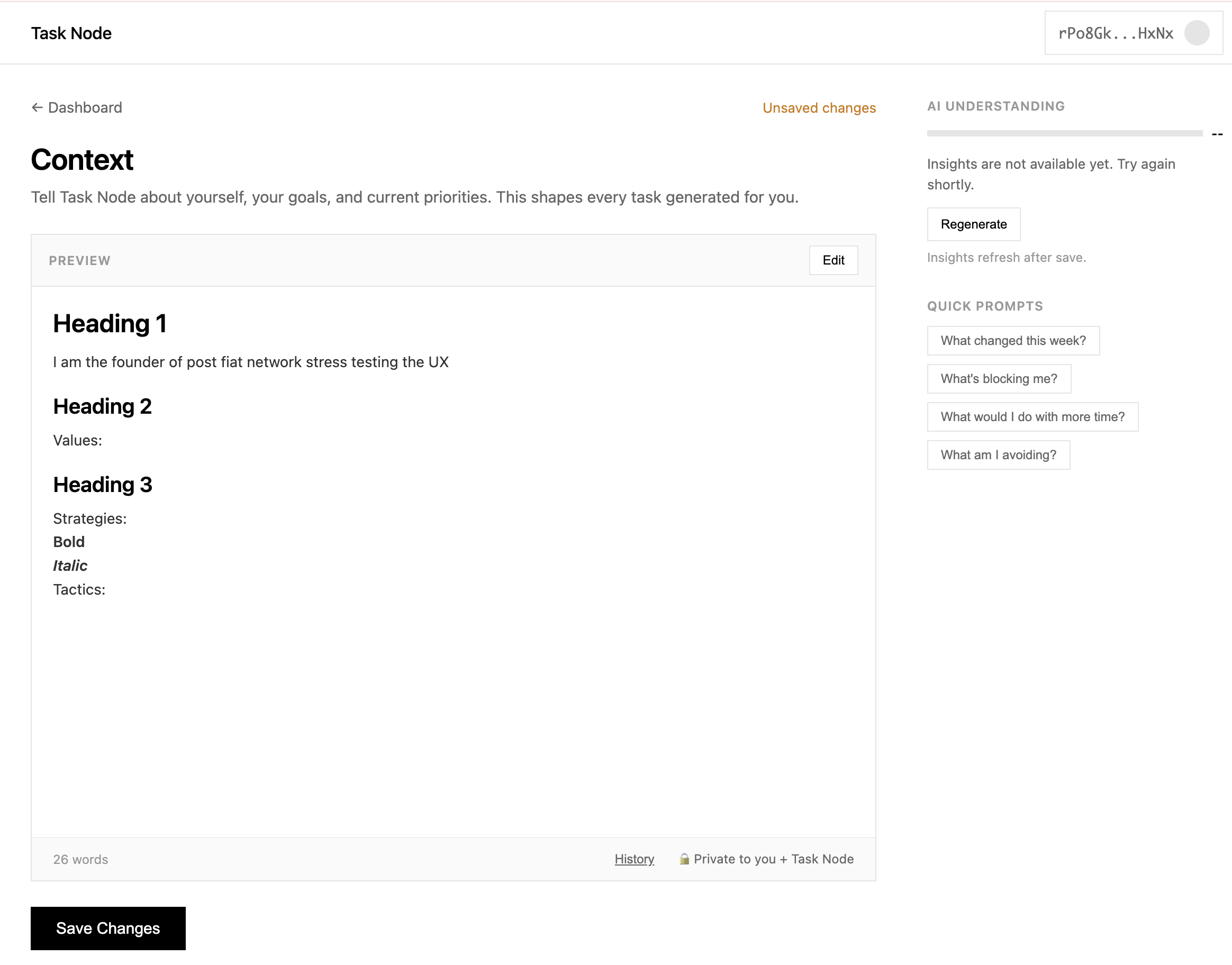 Context page for values, strategy, and tactics