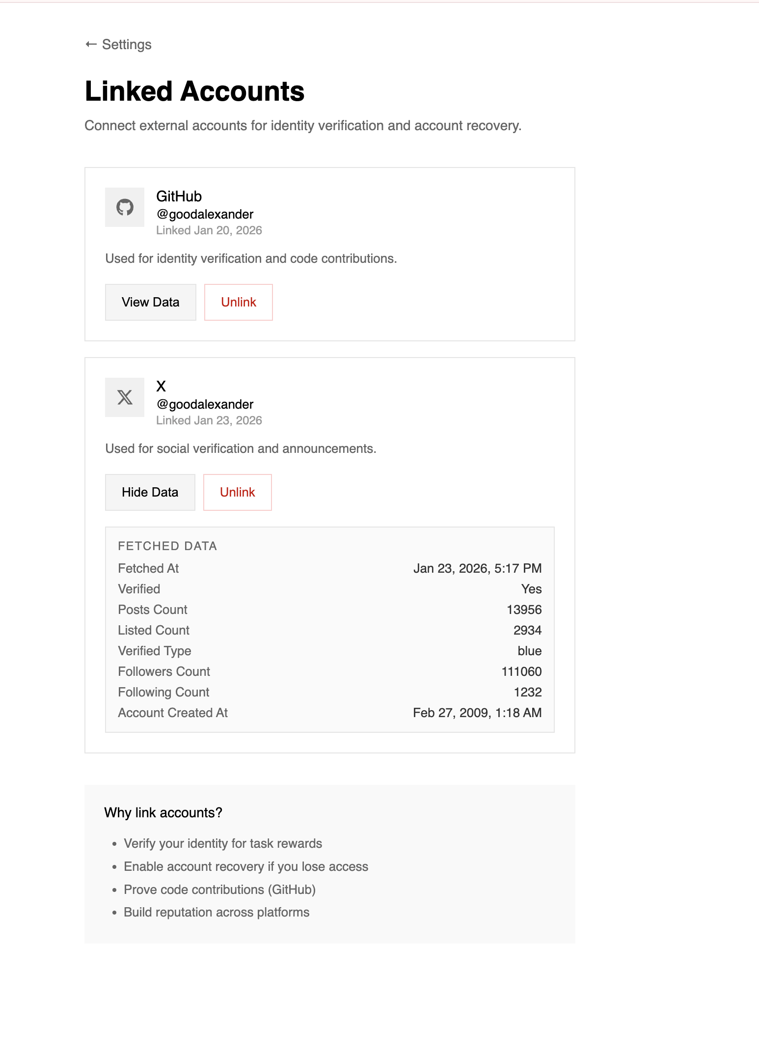 Linked accounts in Task Node settings